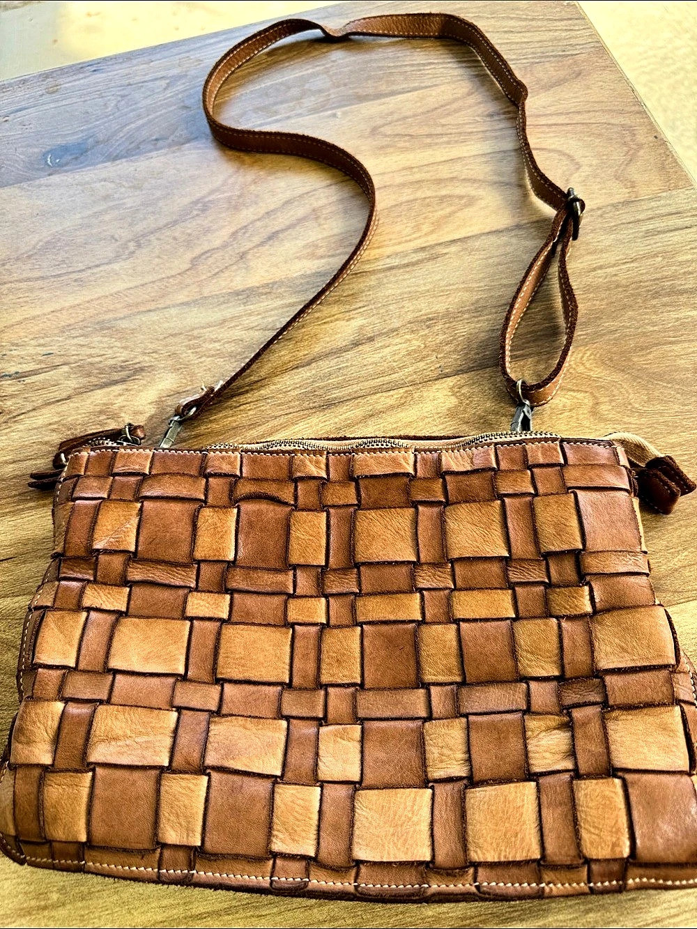 Cortana Rita Woven Leather Crossbody Bag in Brown 12” x 8”